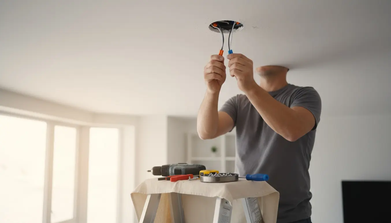 Hænder monterer en loftslampe ved to borede huller i et lyst rum.