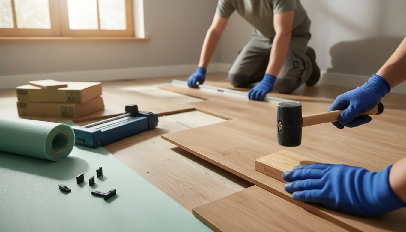 Hænder lægger laminat i et lille rum med værktøj og synligt ujævnt undergulv.