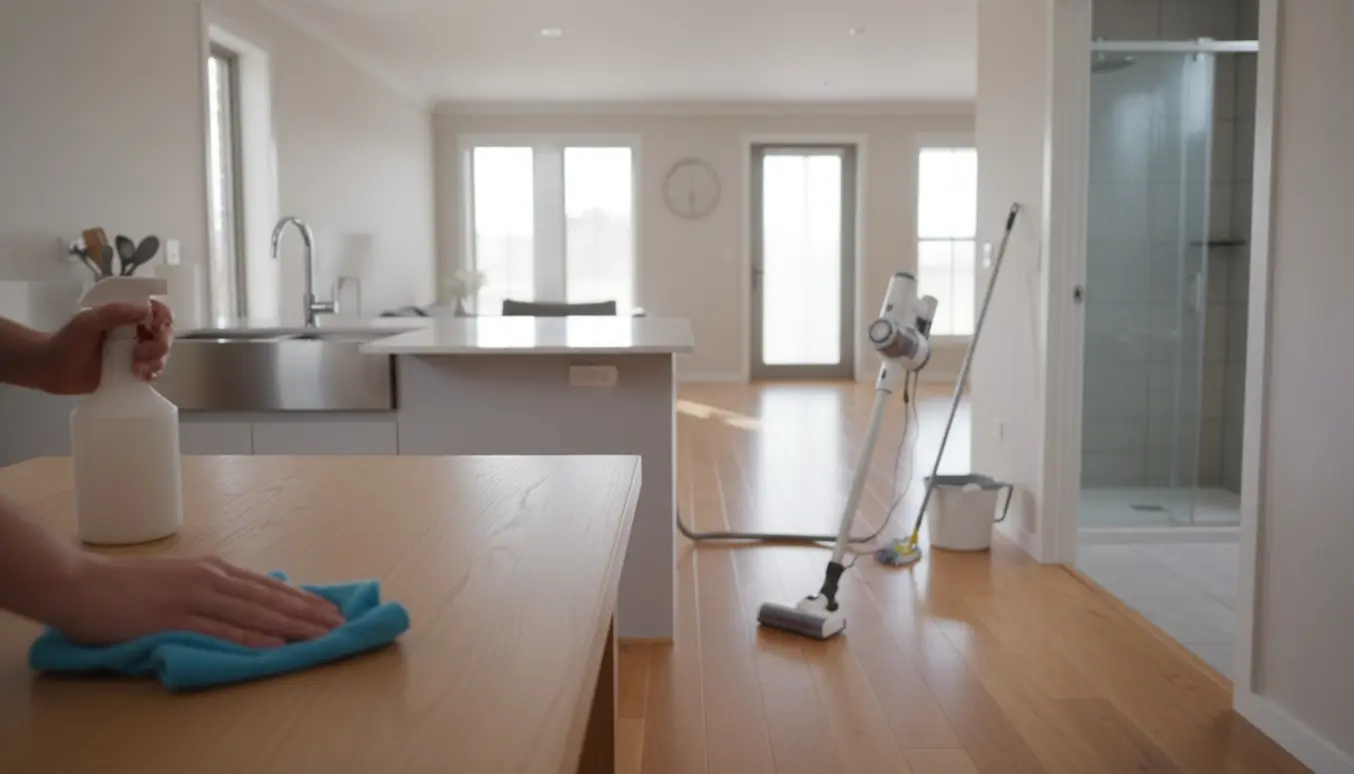 Hænder tørrer støv af et lyst træbord med mikrofiberklud, med støvsuger, moppe og moderne køkken og badeværelse i baggrunden.