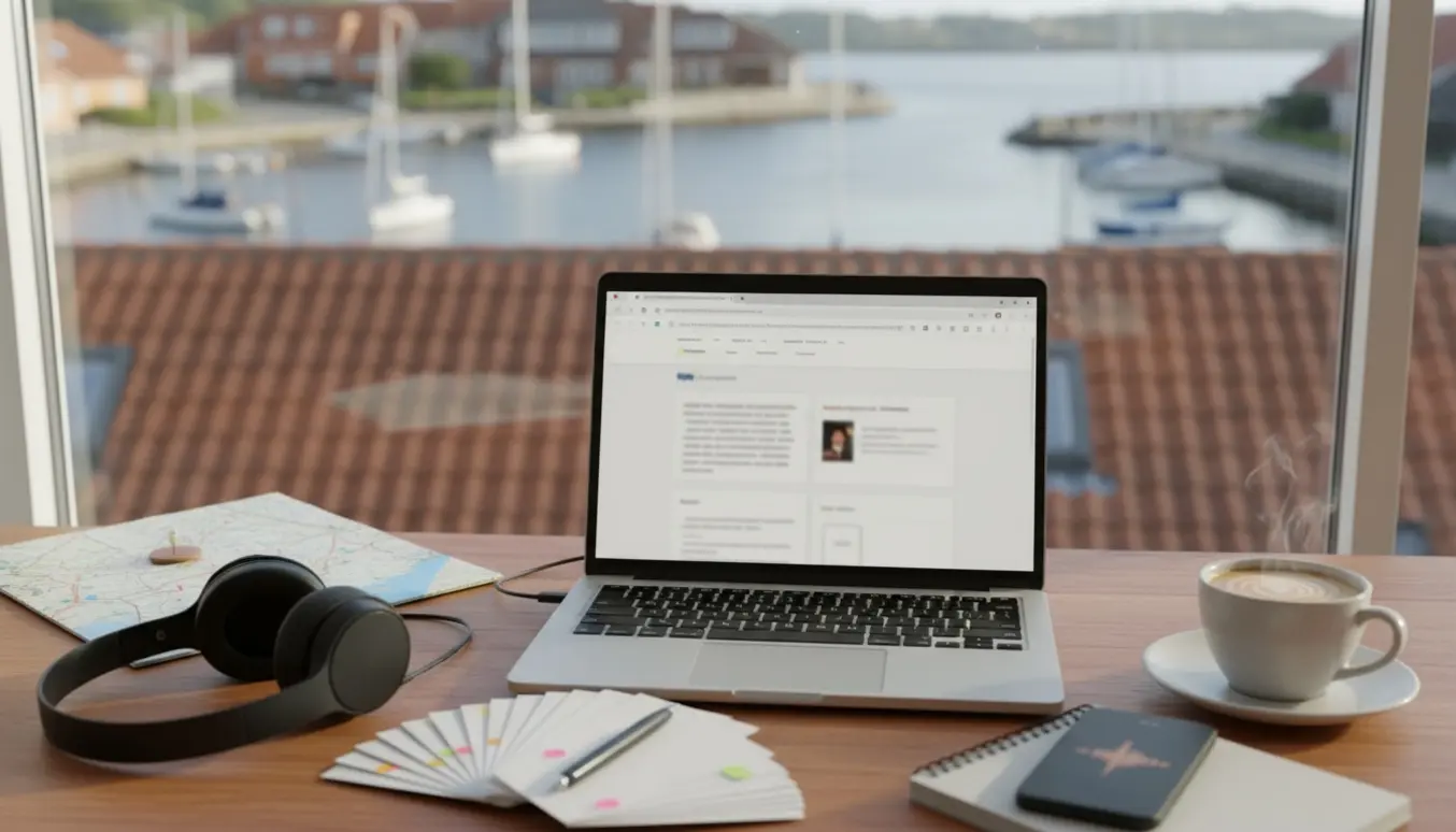 Solbelyst arbejdsbord med laptop og notesblok foran en lille dansk havn, klar til oversættelse af hjemmeside.