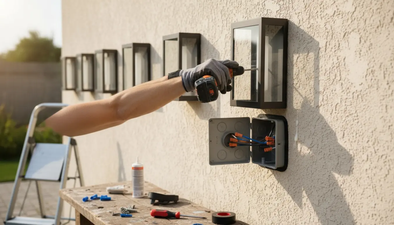 Hænder monterer fire udendørs væglamper og genmonterer en vejrbestandig stikdåse på en husmur.