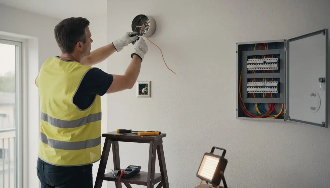 Elektriker arbejder på stikkontakter, loftudtag og en åben eltavle i en lejlighed uden synligt ansigt.