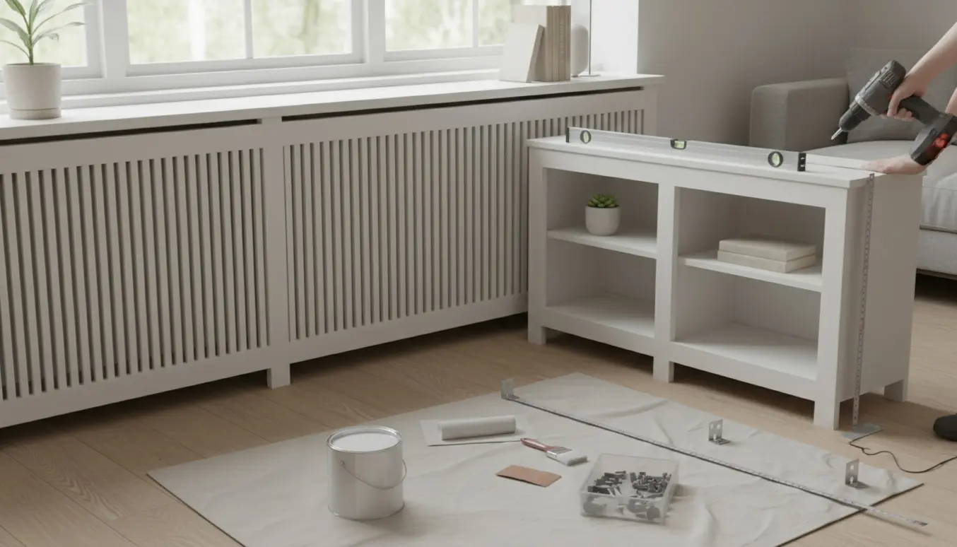 To hvide radiatorskjulere under et vindue, den ene med indbyggede hylder, monteret i en lys stue.