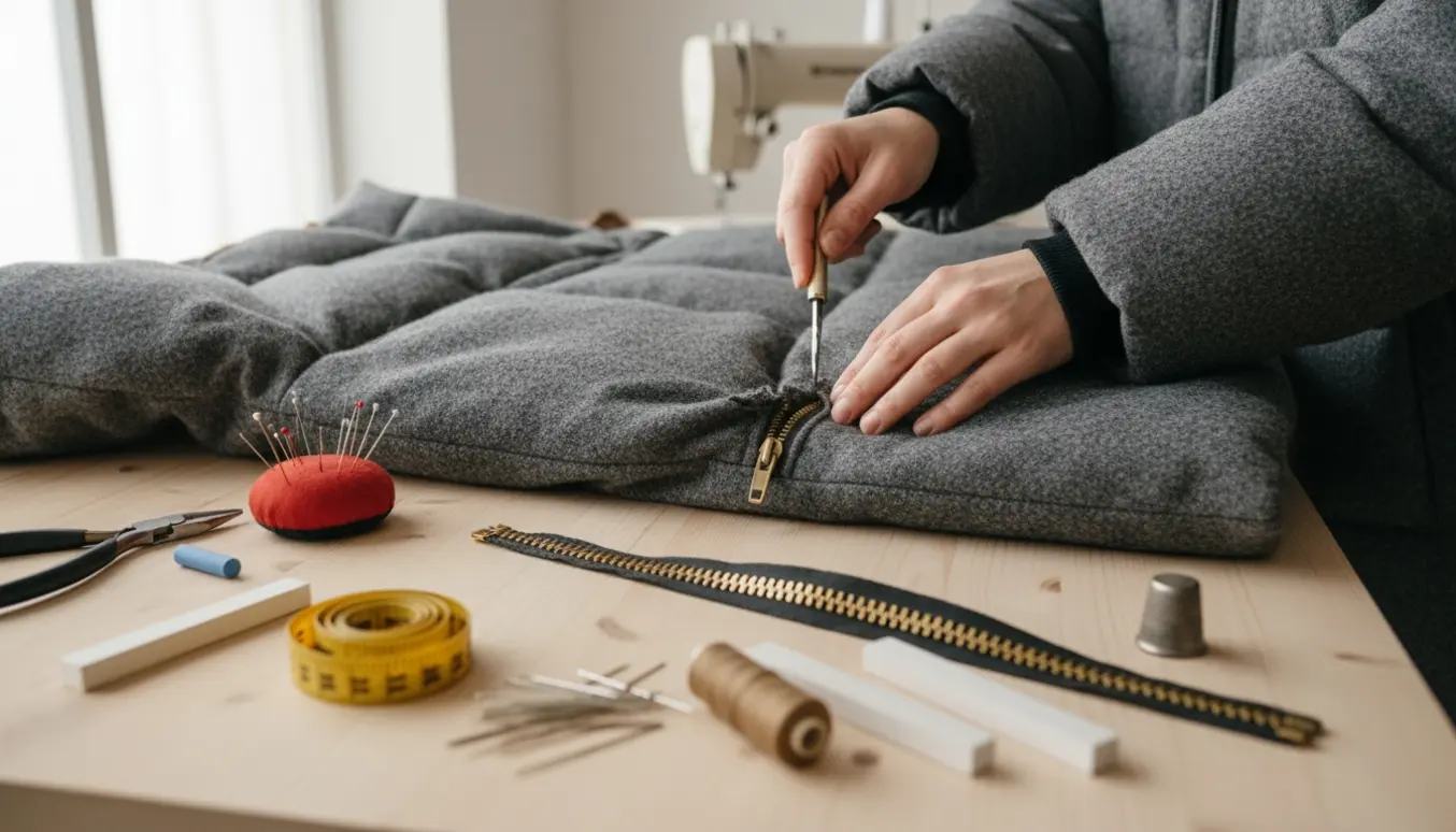 Hænder udskifter en tynd lynlås i en oversize uldfrakke med en ny kraftig metallynlås på et træbord.