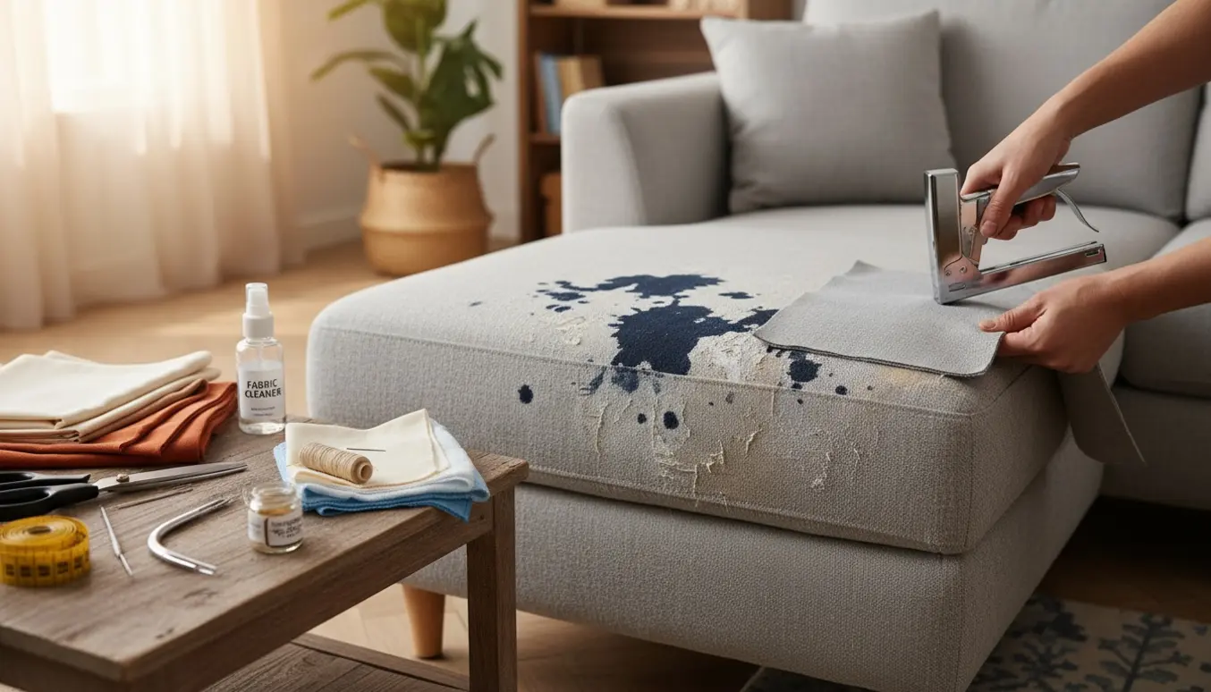 Nærbillede af en sofa med blækpletter og en ny stoflap, hænder arbejder med ombetrækning og værktøj.