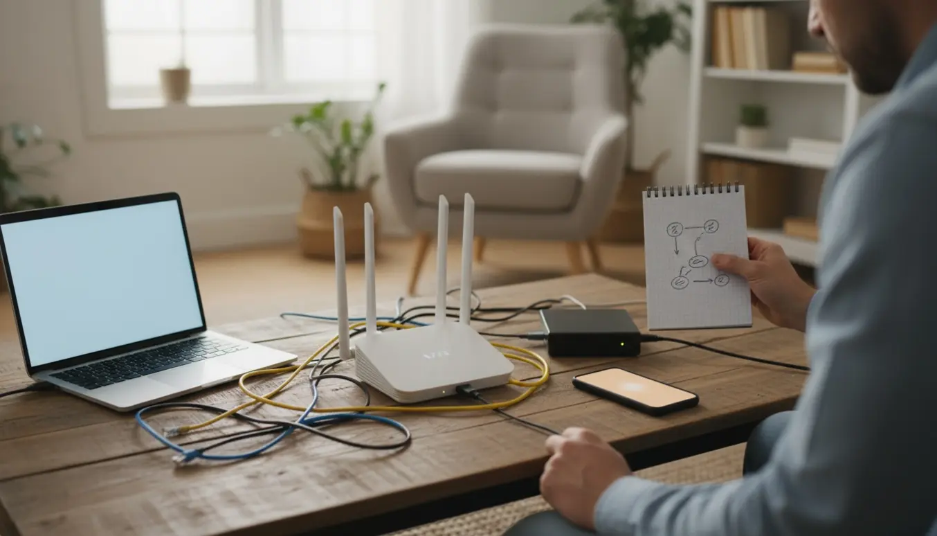 Et hjemmekontor med router, kabler og en person der tjekker forbindelsen uden synlige ansigter.