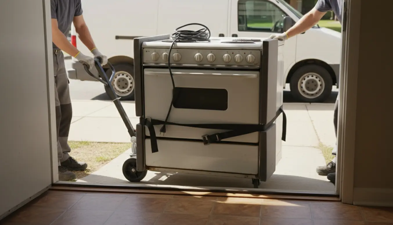 Et stort 90 cm komfur bæres ud gennem tre trin fra en stuelejlighed mod en varevogn udenfor.