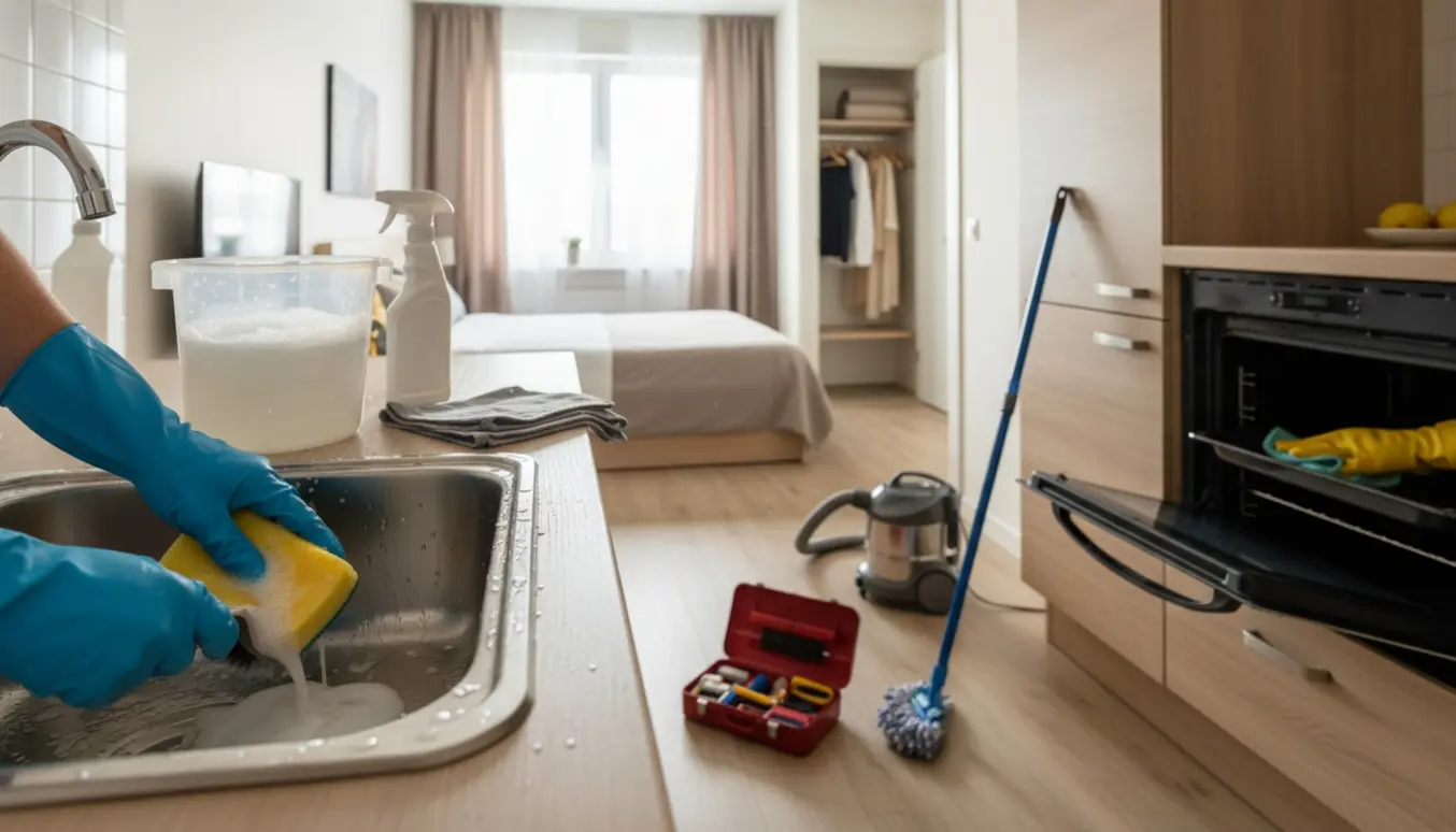 Hænder i rengøringshandsker skrubber en køkkensink i en lys lejlighed med rengøringsmidler og moppe.