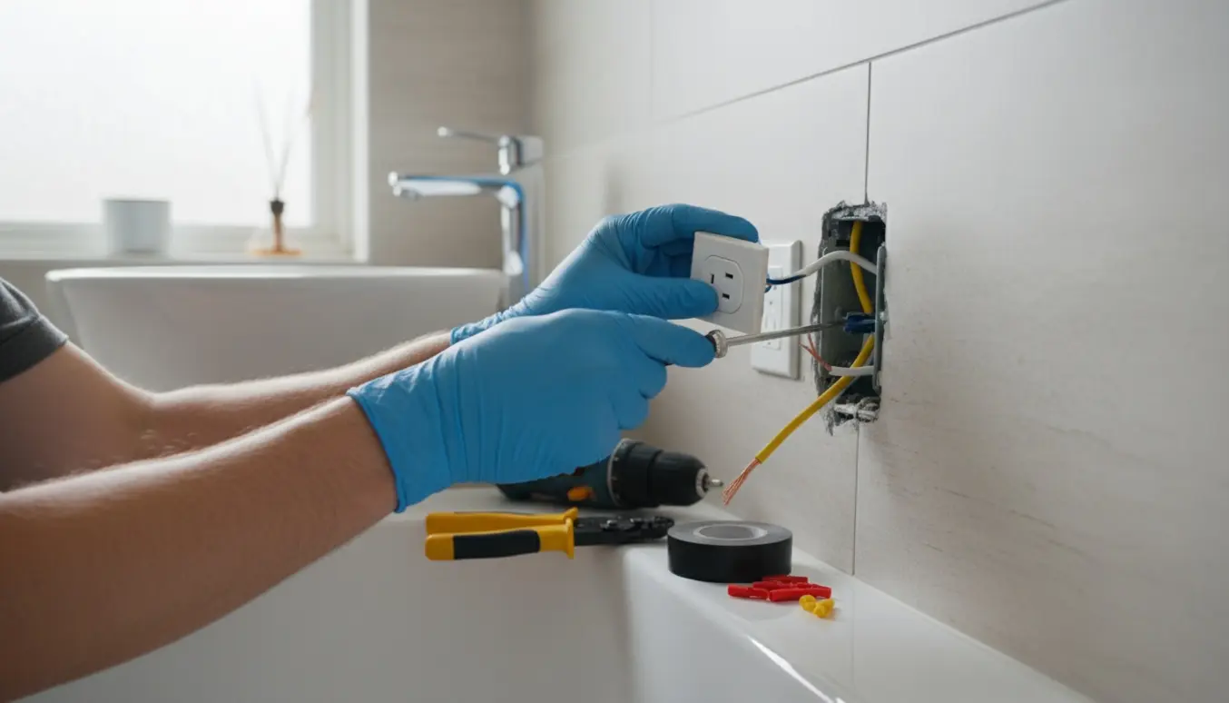 Handskeklædte hænder monterer nye ledninger og en stikkontakt i et badeværelse under renovering.