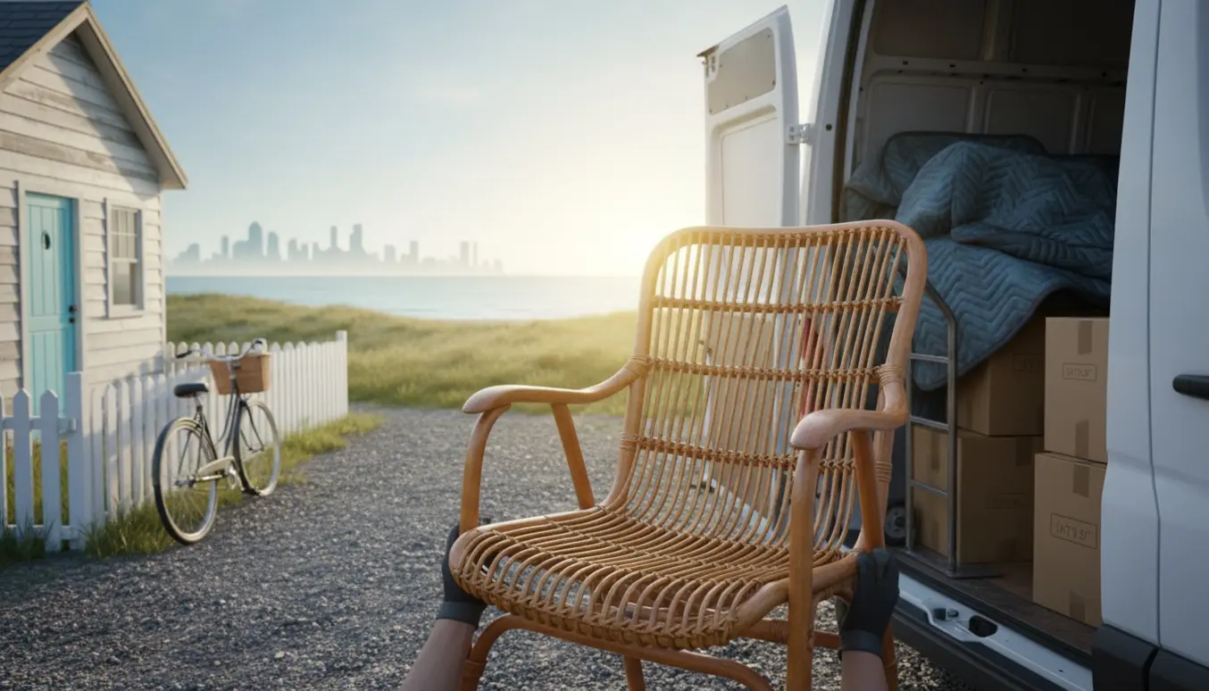 Fletstol løftes ind i en flyttevogn foran et sommerhus ved kysten.