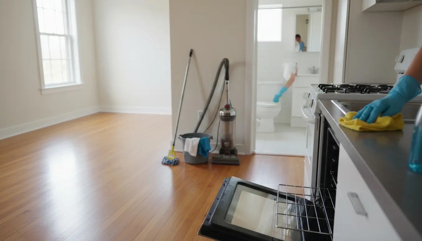 Tom lejlighed efter flytterengøring med skinnende køkken, åben ovn og rengøringsudstyr.