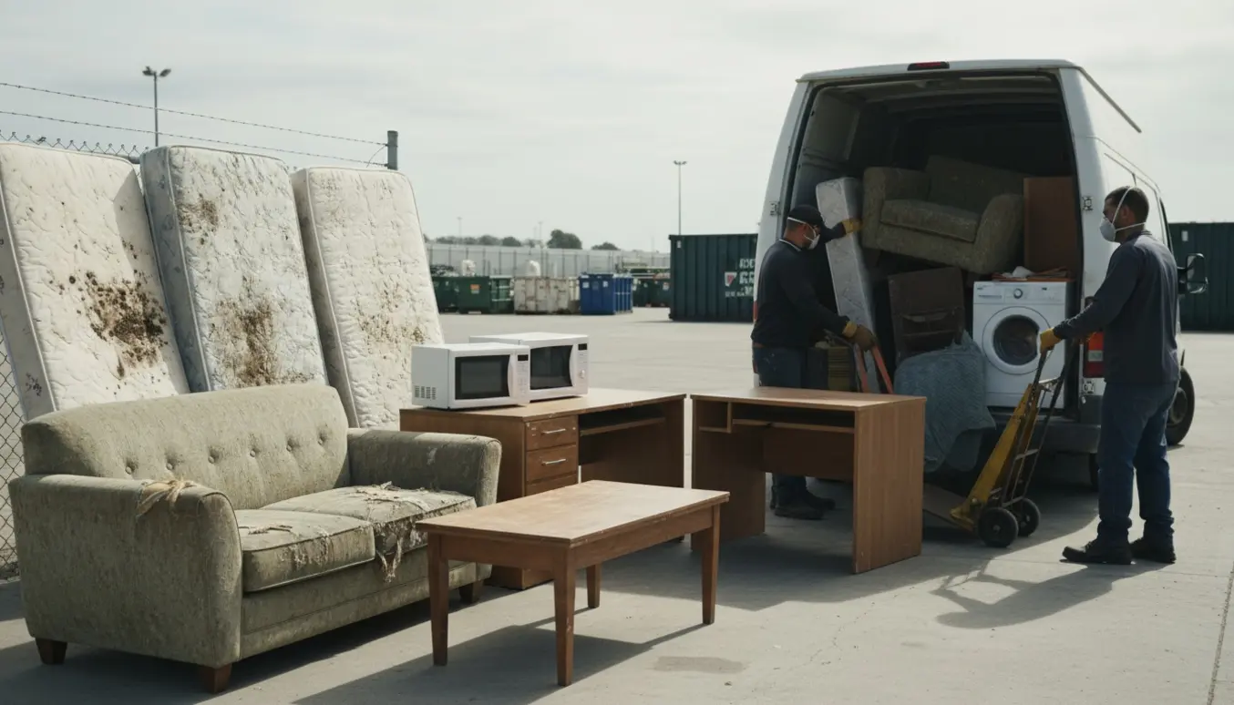 To personer læsser skimmelbeskadigede møbler og elektriske apparater ind i en varevogn ved en genbrugsplads.