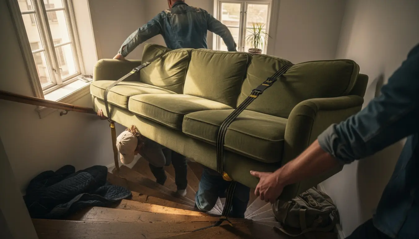 To personer løfter en tre-personers sofa op ad en trappe med bæreseler i varmt aftenslys, ansigter ikke synlige.