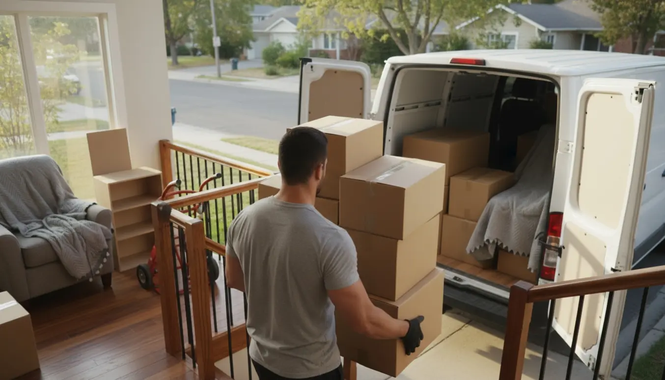 To mænd læsser pakkede kasser fra en trappe og ind i en åben varevogn.