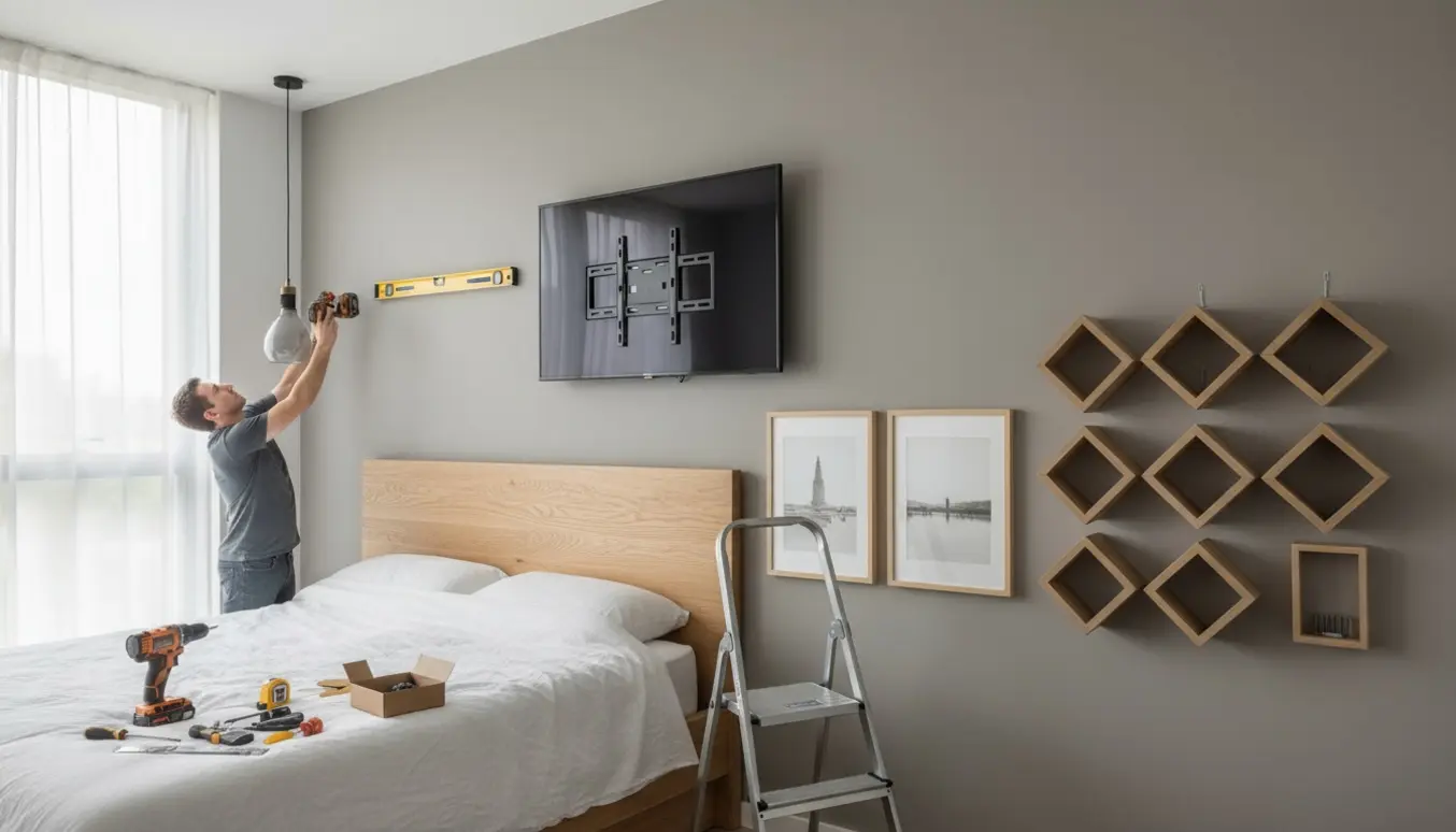 Hænder monterer lampe, sengegavl, fjernsyn, tre billeder og ti små reoler i et lyst, moderne soveværelse.