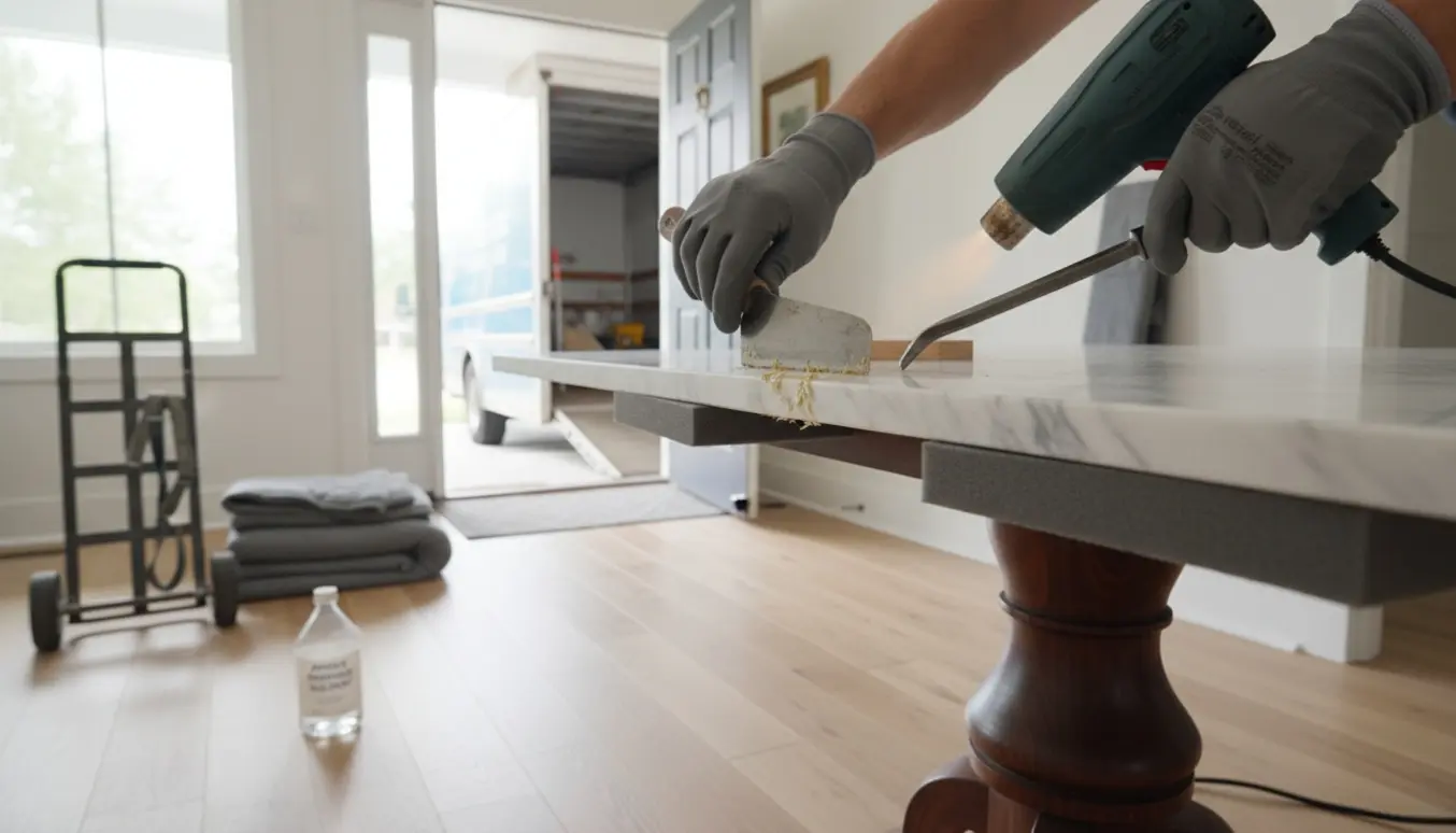 Hænder adskiller en tung marmorbordplade fra underdelen med værktøj og beskyttelse.