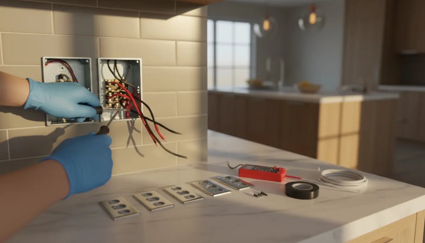 Nærbillede af handskerede hænder, der tilslutter ledninger og monterer nye stikkontakter i et moderne køkken.