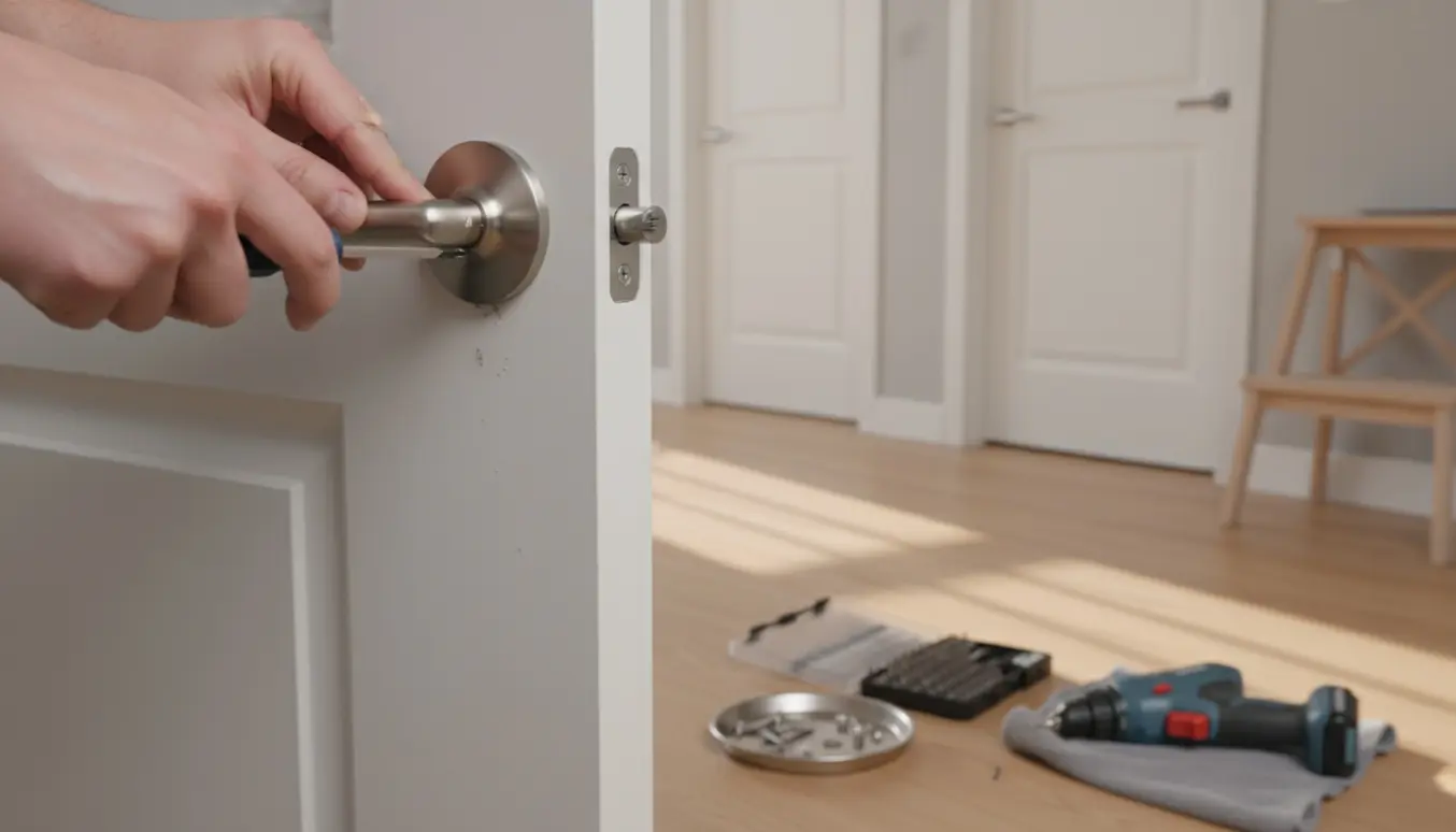 Nærbillede af hænder, der skruer et løst dørhåndtag fast på en hvid trædør i et skandinavisk hjem.
