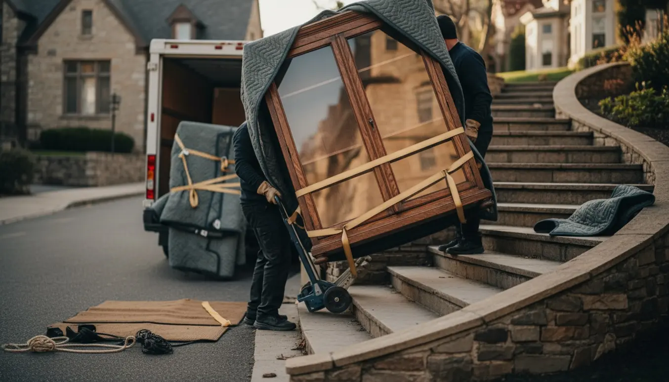 Tunge flyttere bærer et afmonteret vitrineskab op ad en udendørs trappe, døre indpakket og stillet ved siden af en flyttebil.