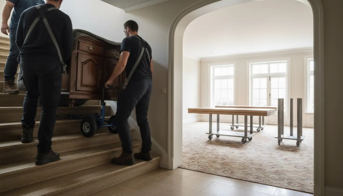 Flyttemænd løfter en skænk op ad en bred trappe, mens adskilte bordplader og tunge metalben står på traller i et højloftet, tæppet lokale.