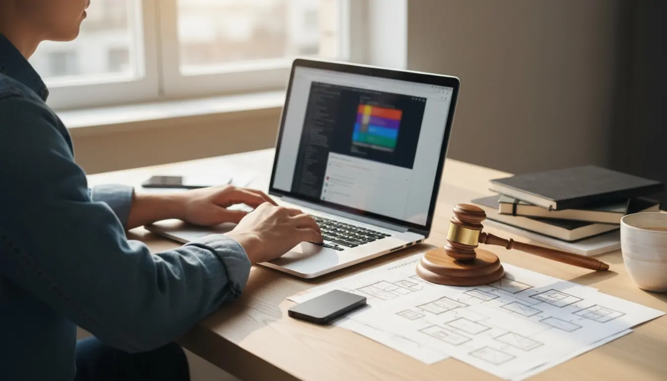 Arbejdsbord med bærbar, skitser og en lille træklubbe i blødt naturligt lys, der illustrerer opdatering af et auktionsprogram.
