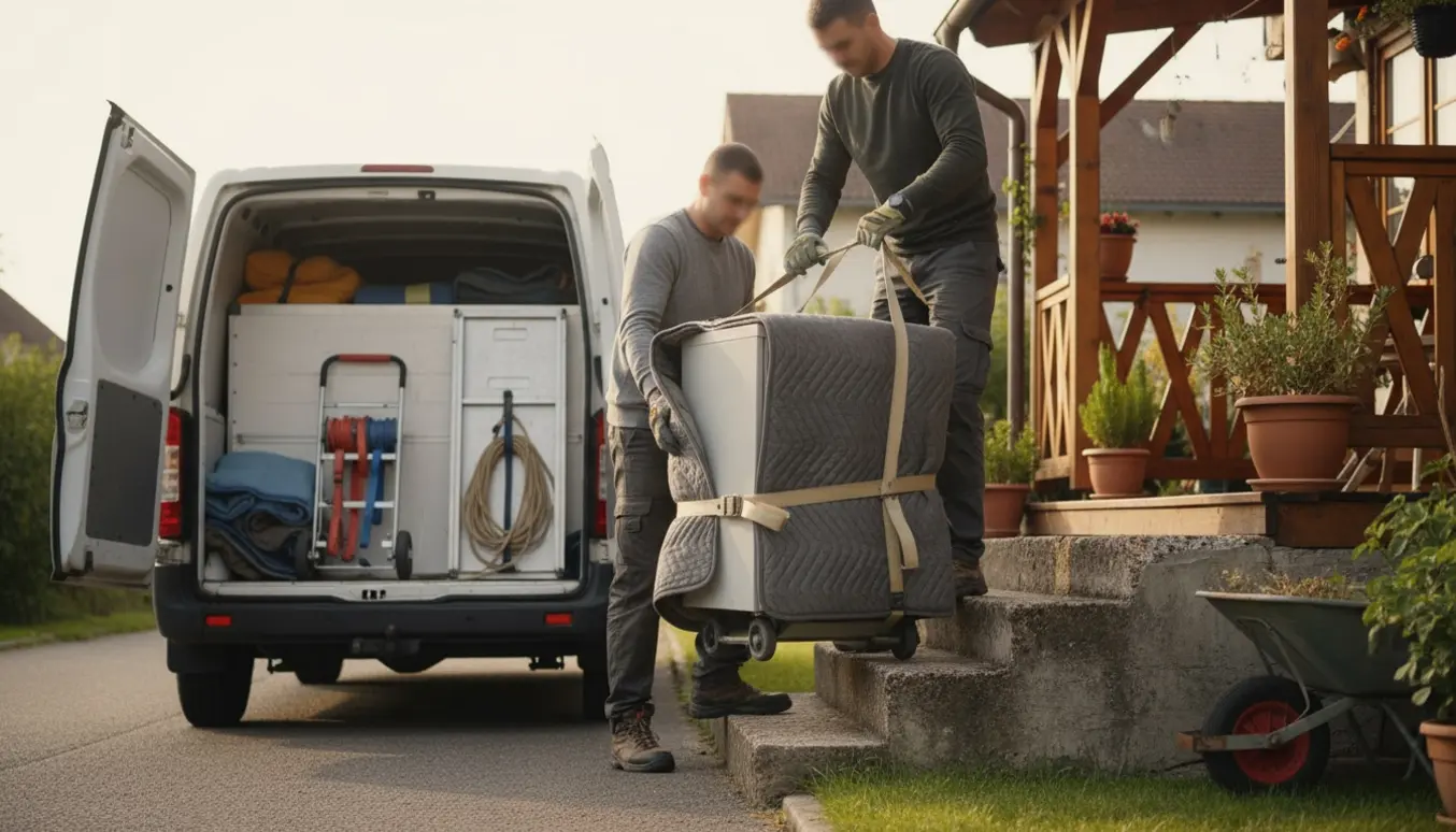 Et arkivskab bæres ned ad otte trappetrin mod en varevogn, pakket i flyttetæpper og klar til at blive stillet på en overdækket terrasse i en kolonihave.