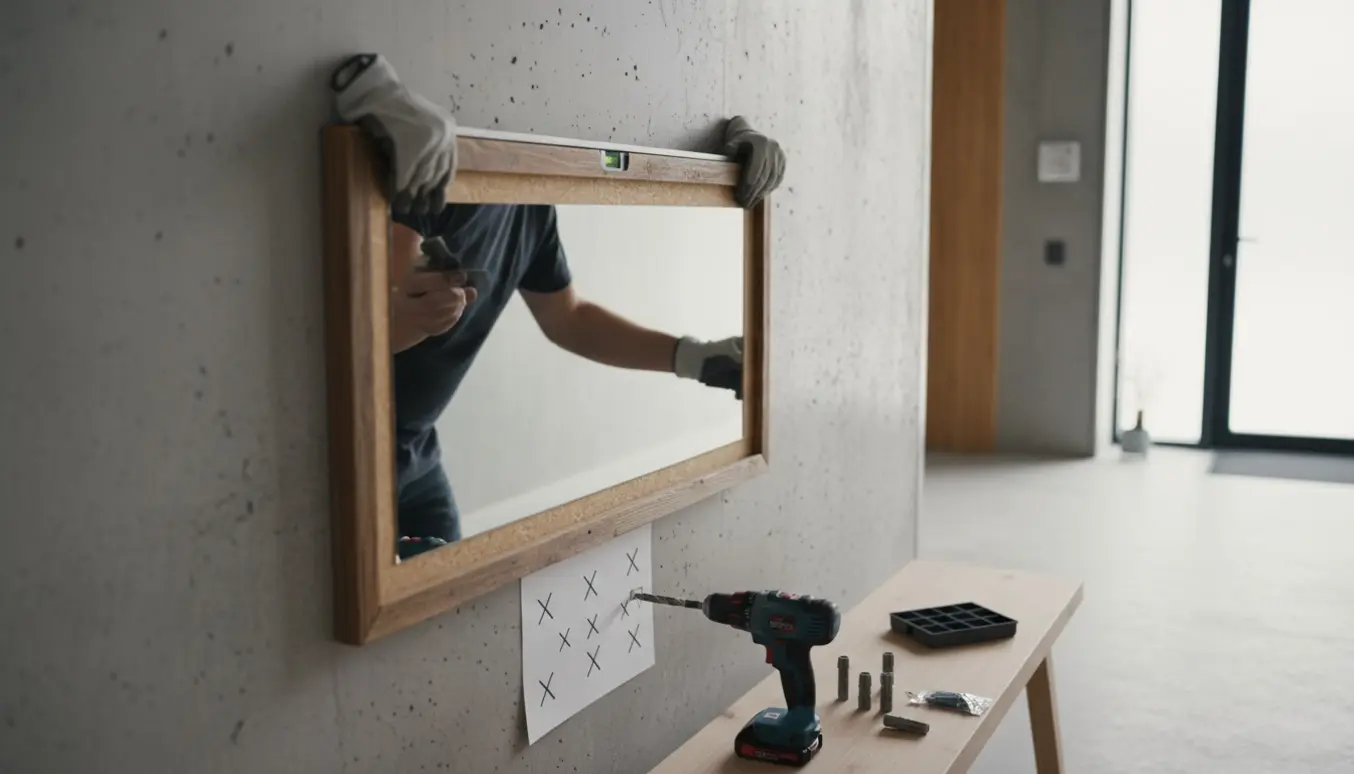 Montana-spejl monteres præcist på en betonvæg i entreen med boremaskine, skruer og vaterpas.