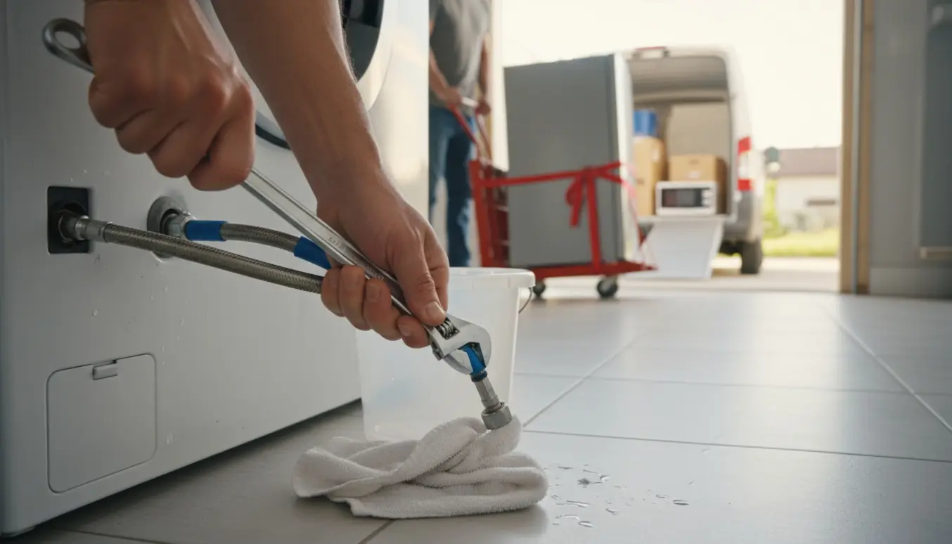 Hænder afkobler vaskemaskinens slanger, mens et gammelt køleskab og mikroovn bliver læsset på en flyttevogn.