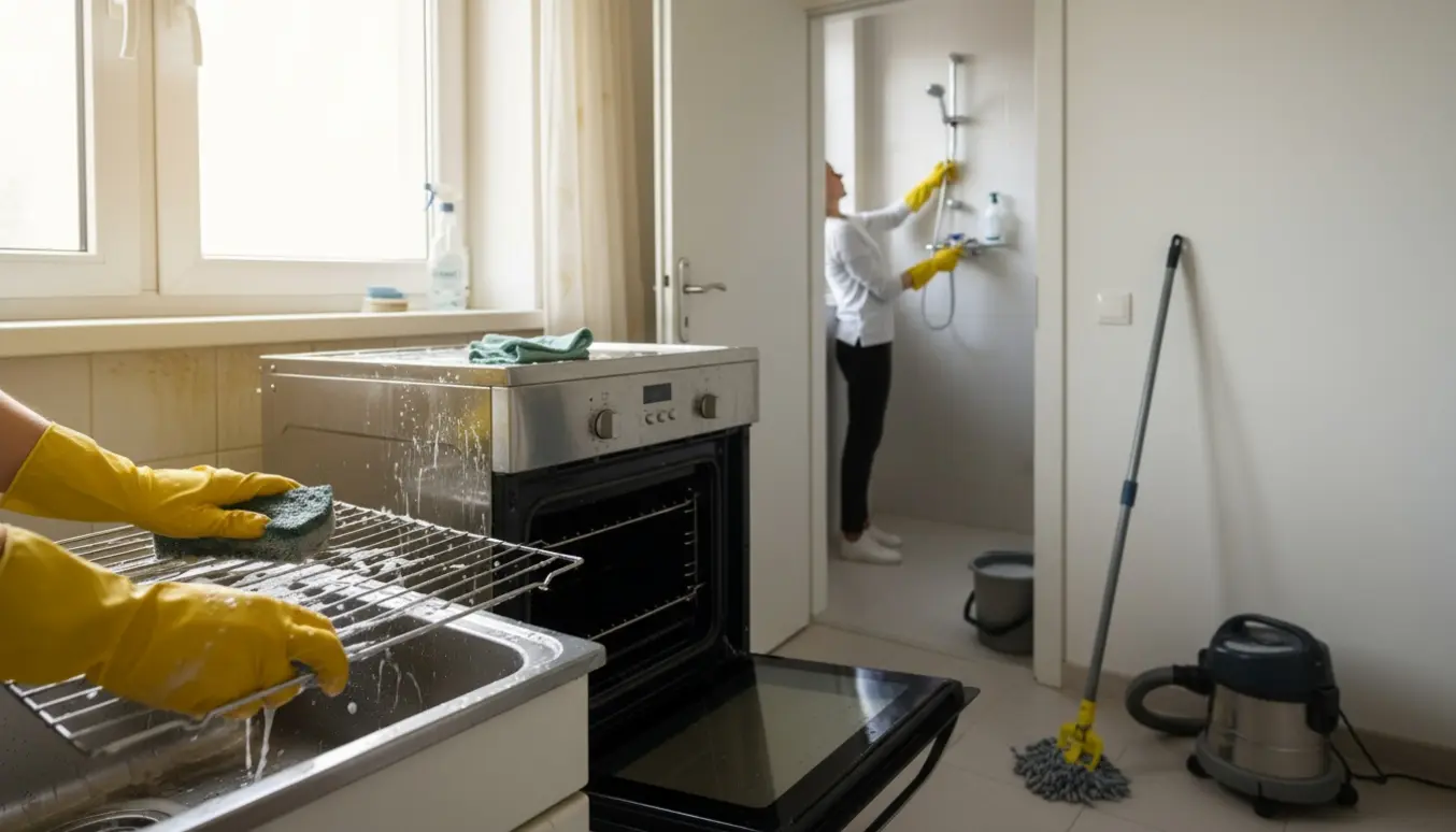 Hænder i gule handsker skrubber en ovn, mens afkalkning af brusehoved ses i baggrunden.