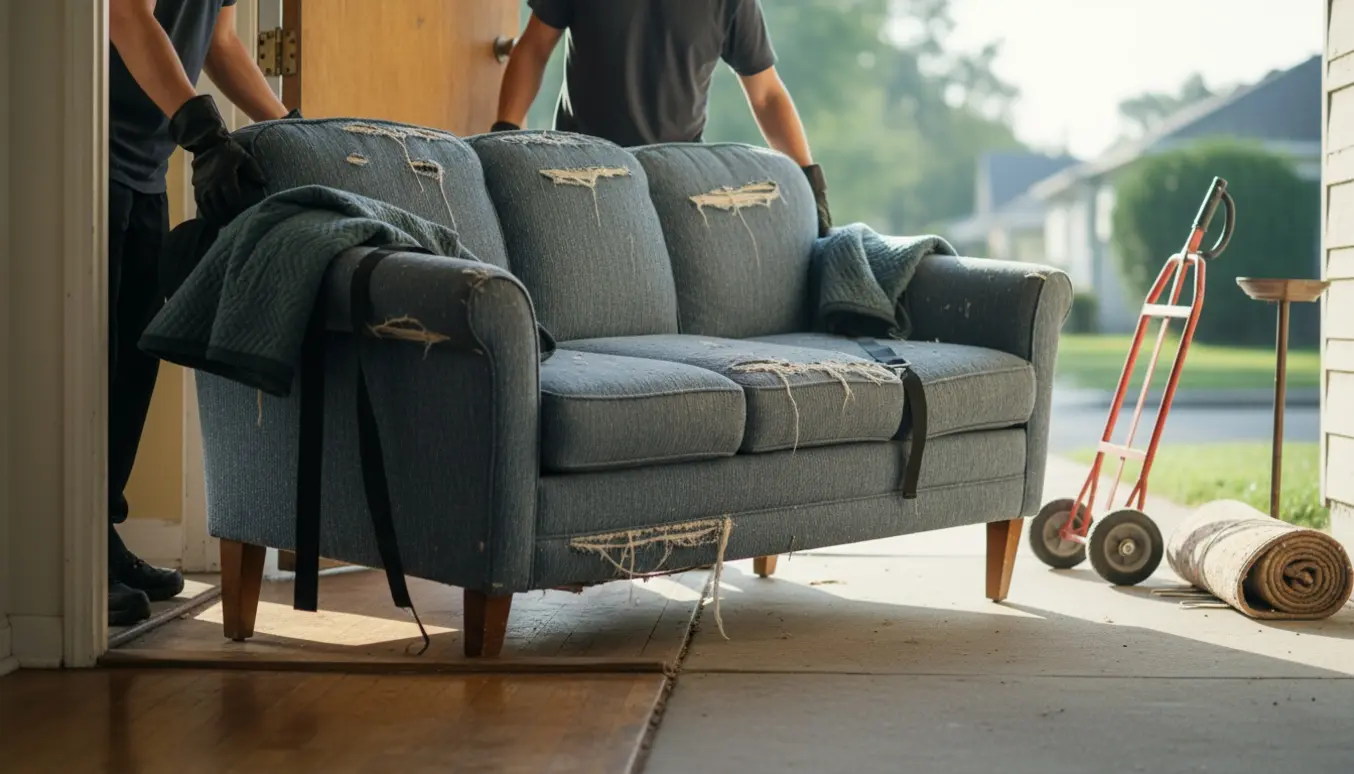 En trepersoners sofa bæres ud fra en stuelejlighed til storskrald på fortovet.