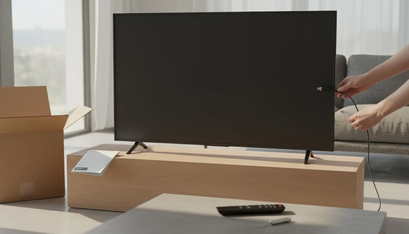 Hænder tilslutter kabler bag et nyt 43-tommer fjernsyn i en lys, moderne stue.