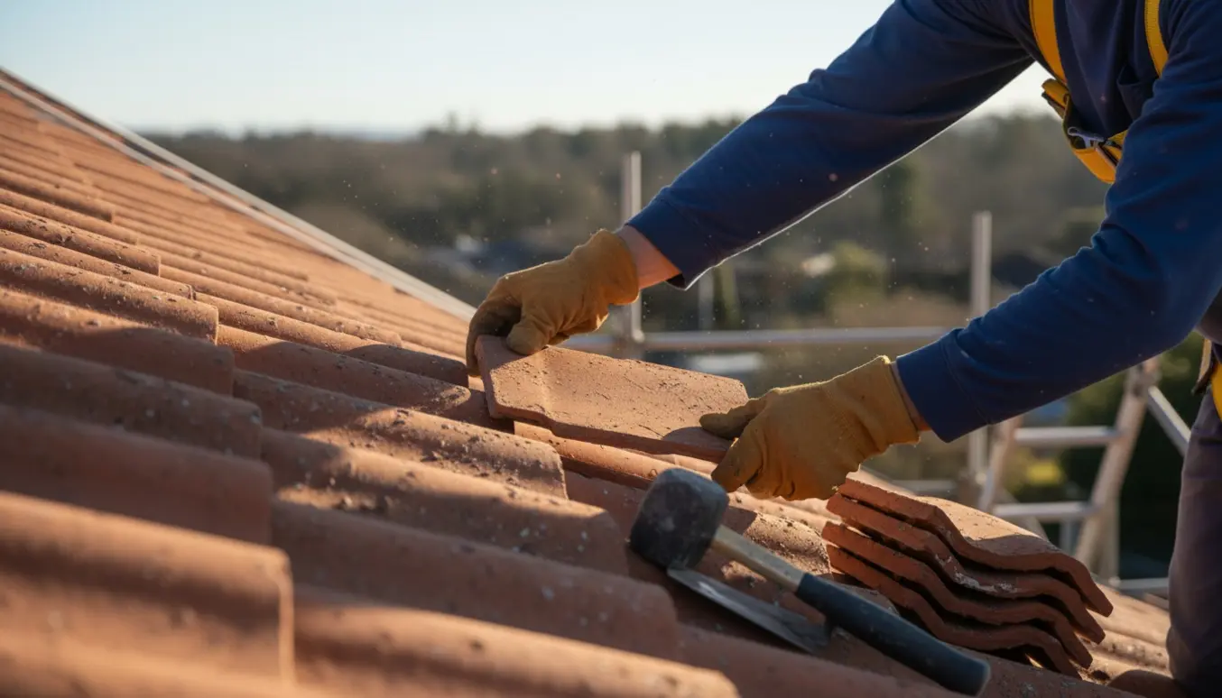 En tagdækker sætter en løs rød teglsten på plads på et skrånende tag med handsker og værktøj i varmt dagslys.