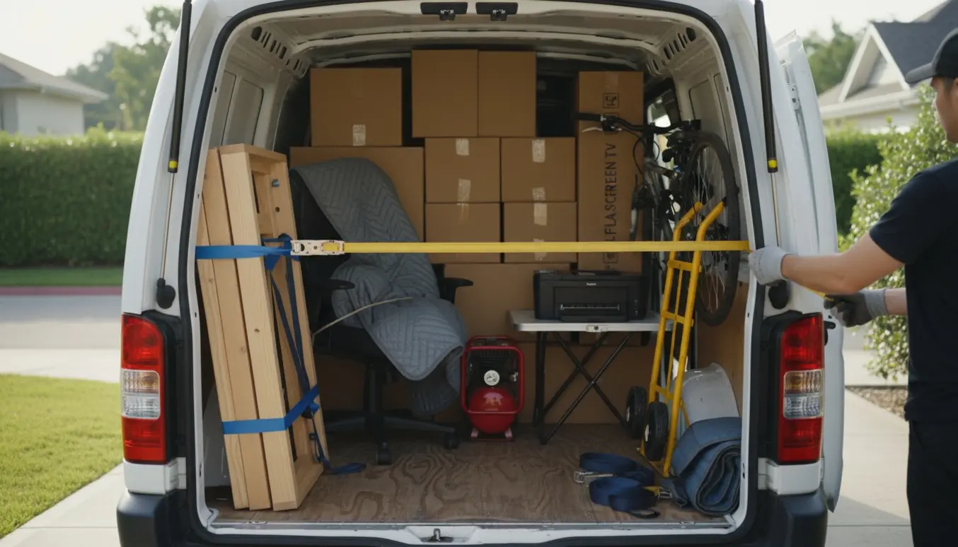 Åben flyttevogn med 5–6 kbm flyttegods: kasser, adskilt skrivebord, kontorstol, cykel, TV i kasse og kompressor klar til transport.