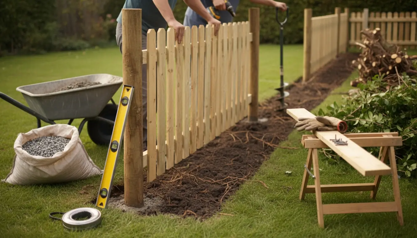 Opsætning af træhegn i haven efter fjernelse af hæk, med værktøj og byggeplads i fokus.