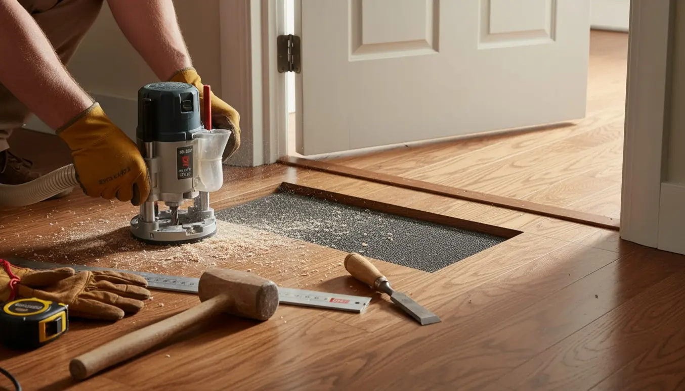 Udskåret fordybning i trægulv under en indadgående dør, klar til at indbygge en måtte.