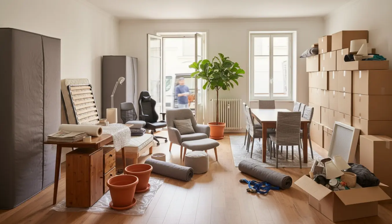 Lys lejlighed midt i flytning med stabler af flyttekasser og møbler pakket og klar ved døren.