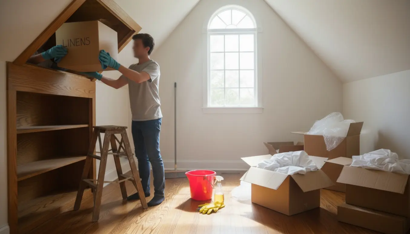 Hænder bærer en papkasse ned fra loftet, mens en anden tør støv af i et solbeskinnet hjem under hjælp til rengøring og flytning.