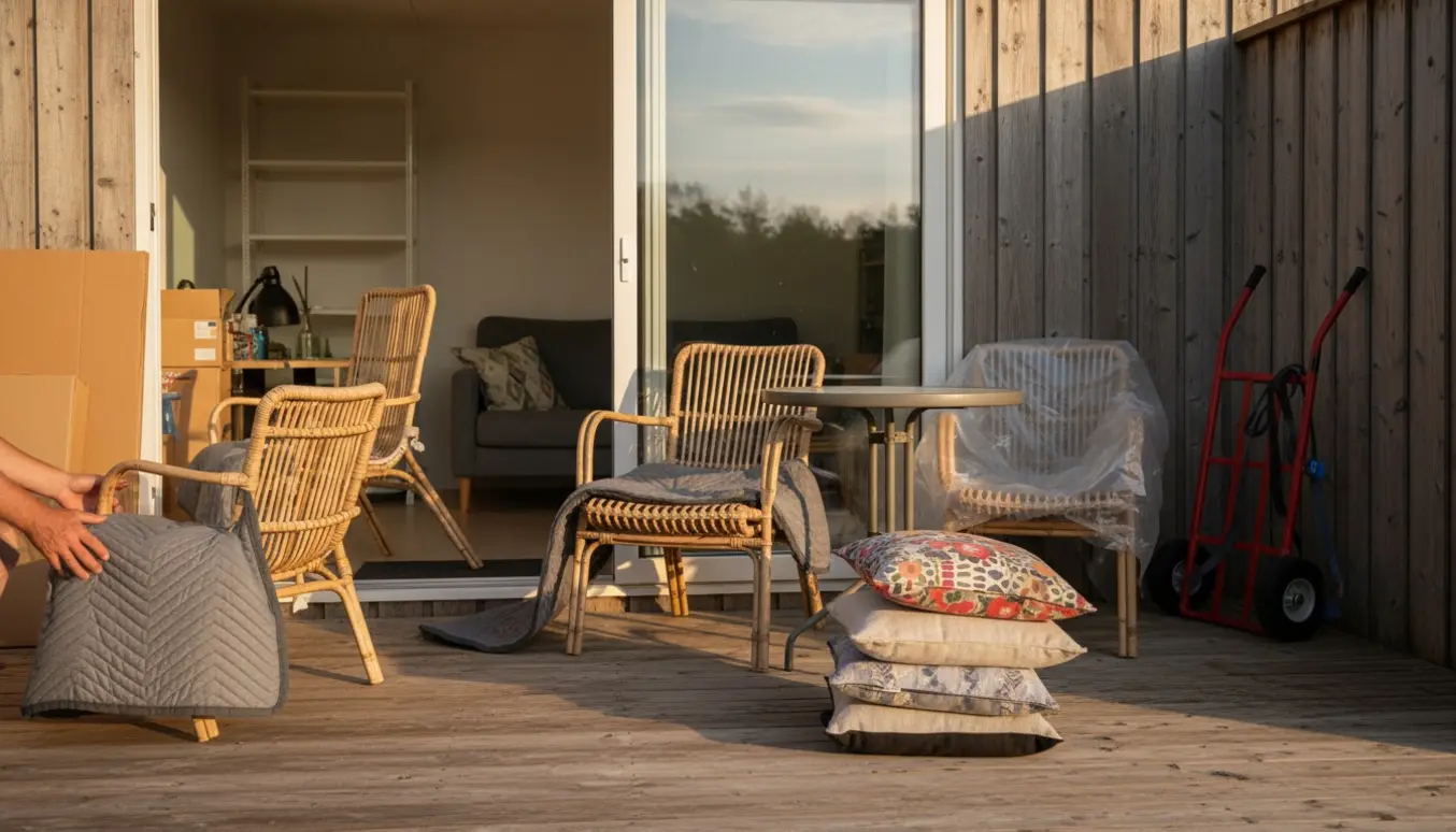 Møbler fra et lille sommerhus midlertidigt placeret på terrassen, mens en stol bæres gennem terrassedøren.