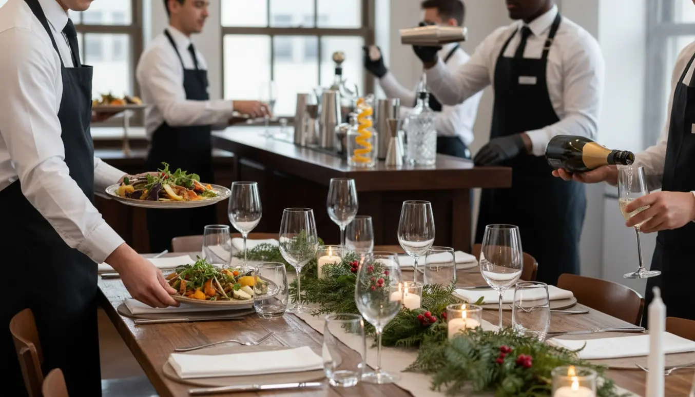 Serveringspersonale dækker og serverer mad og drikke ved et pyntet firmajulefrokostbord.