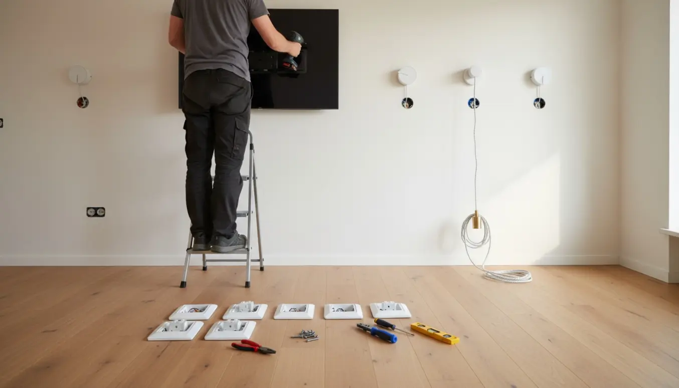 Installatør hænger et TV op på væggen mens nye lamper og udskiftede stikkontakter ligger klar.