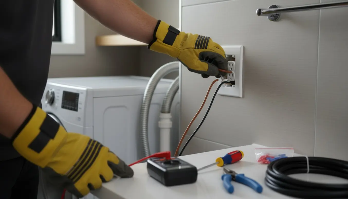 En elektriker installerer en jordet stikkontakt til vaskemaskinen i et moderne badeværelse.
