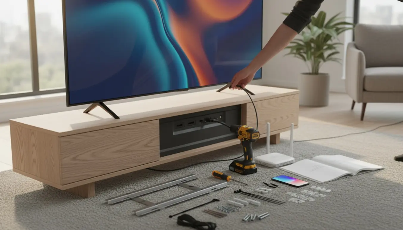 Hænder tilslutter kabler og monterer et smart-tv i en moderne stue.