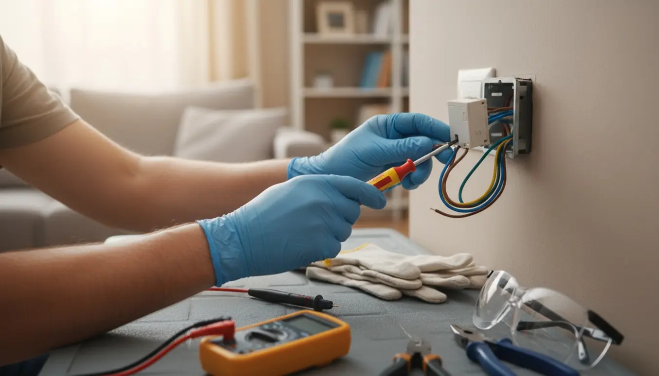 Nærbillede af hænder med isoleret skruetrækker, der udskifter en 220V LED-lysdæmper med multimeter og værktøj ved siden af.