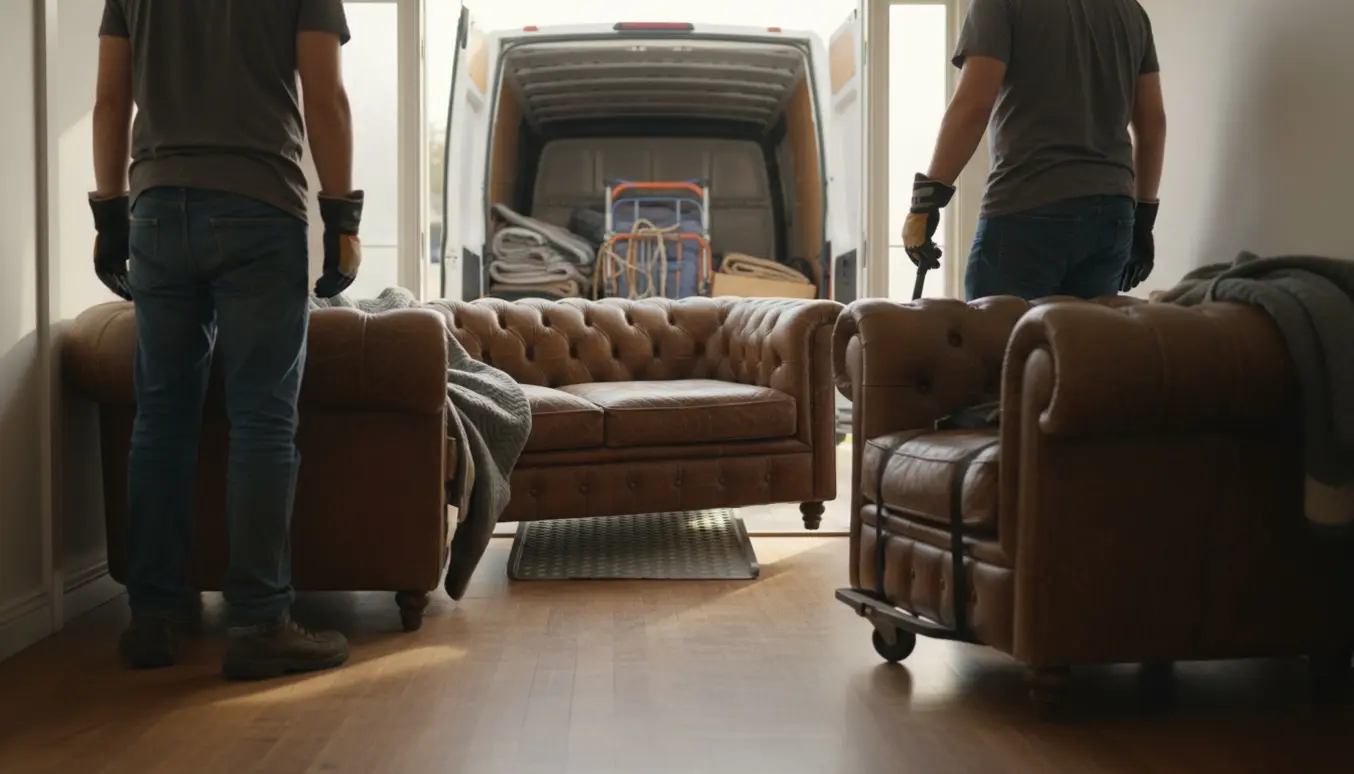 To Chesterfield-sofaer og to lænestole bæres ud af et hus mod en åben varevogn med flyttetæpper og dolly.