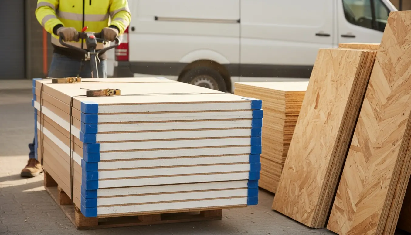 Elektrisk sækkevogn flytter en stak gipsplader ved siden af spånplader og sildeben på en byggeplads.