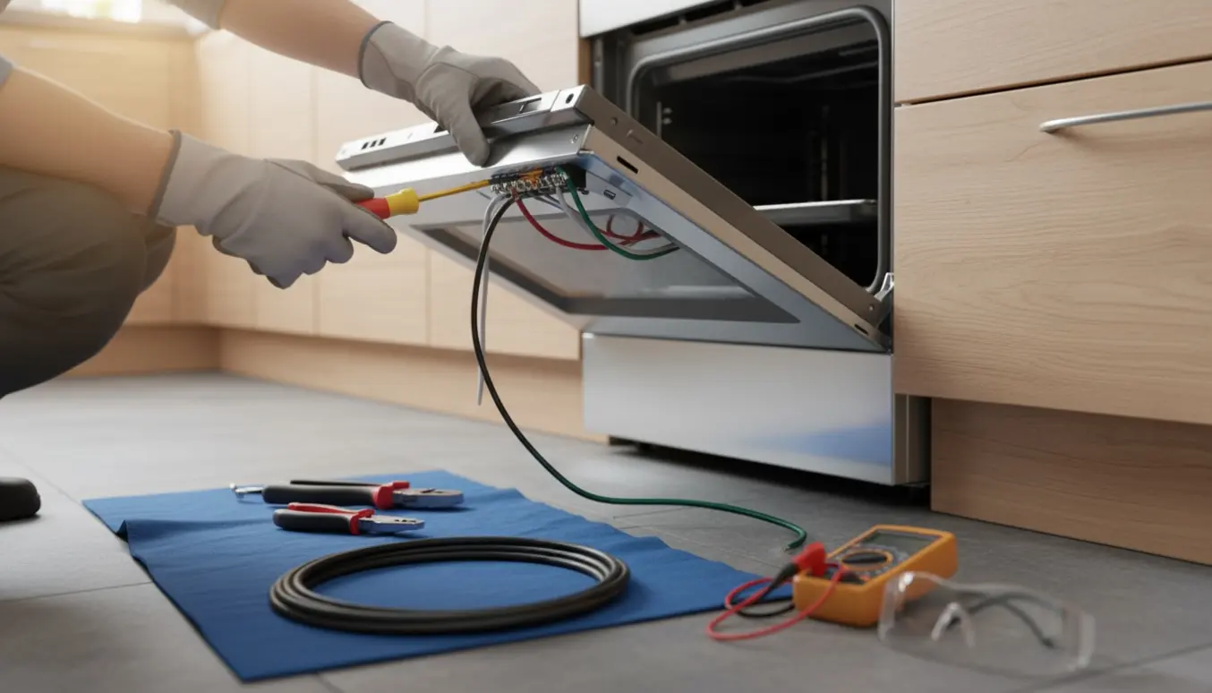 Nærbillede af isolerede hænder, der tilslutter ovnens elektriske ledninger bag på et nyt komfur i et lyst køkken.