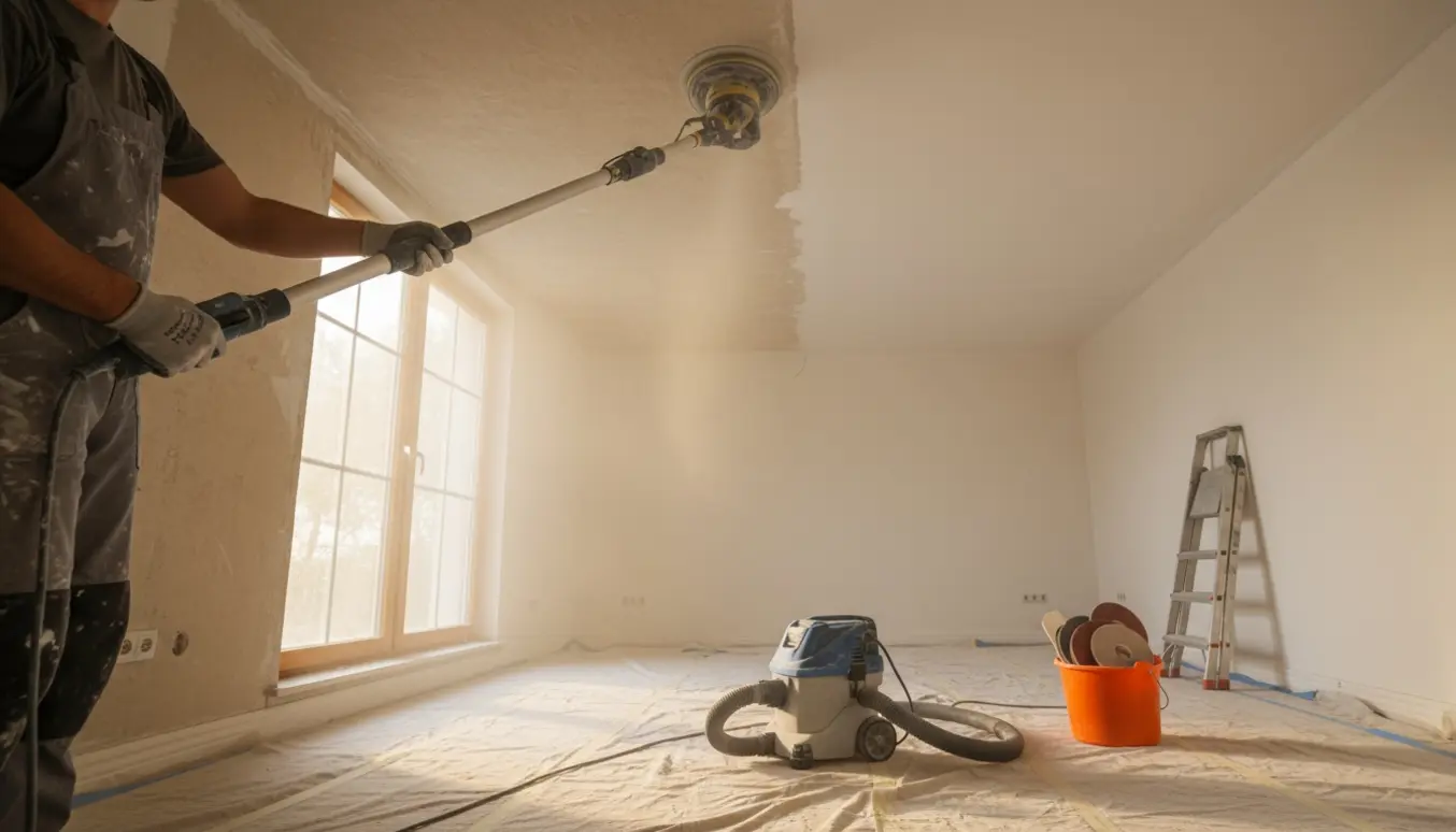 En arbejder bruger en girafsliber mod et stort loft, med afdækningsplast og støvopsamler i dagslys.