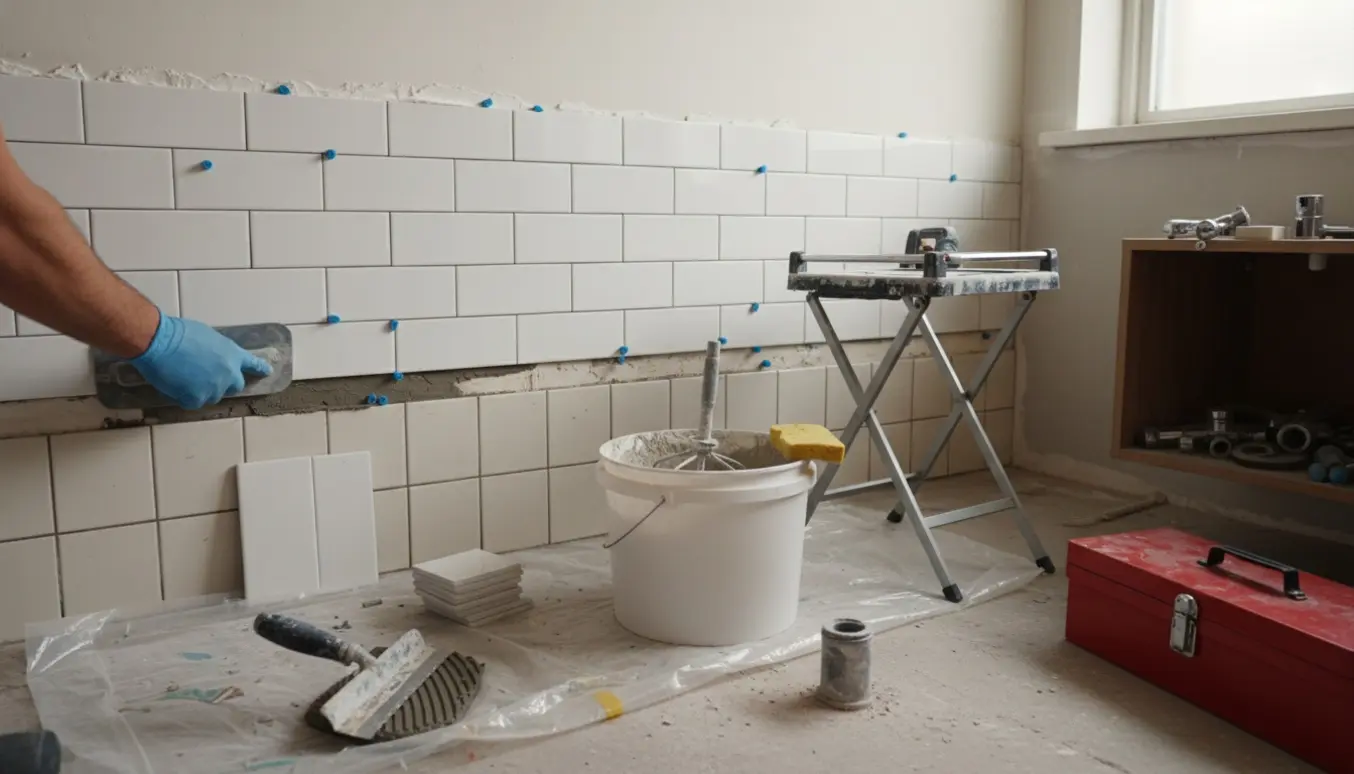 Lille badeværelse under renovering med hvide metrofliser på væggen og værktøj, mens hvid fugemasse glattes ud.