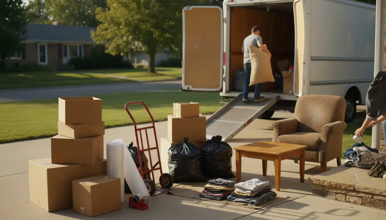 Åben flyttebil med kasser, poser og møbler, mens personer med skjulte ansigter sorterer ting til skrald og donation.