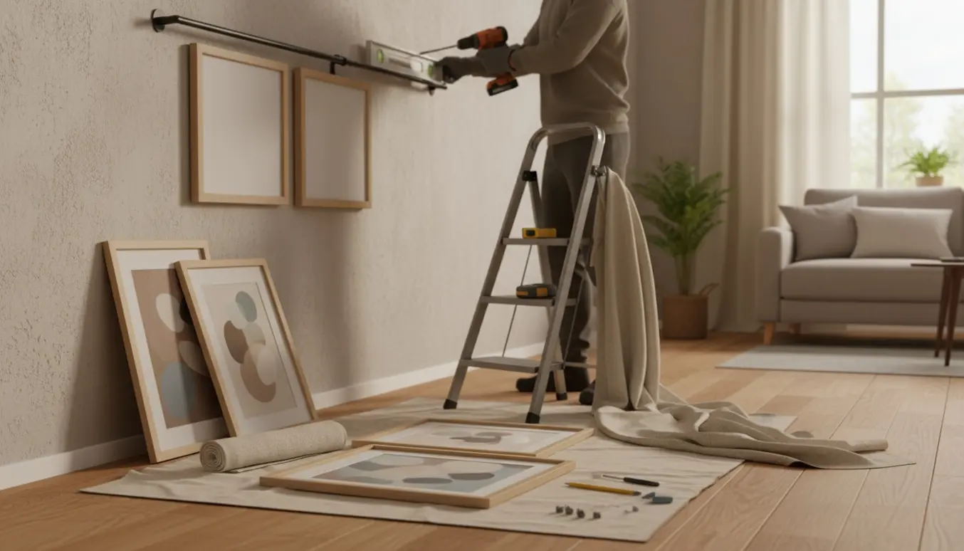 Person monterer gardinstang og ophænger billeder i en lys stue, med værktøj og stige ved siden af.